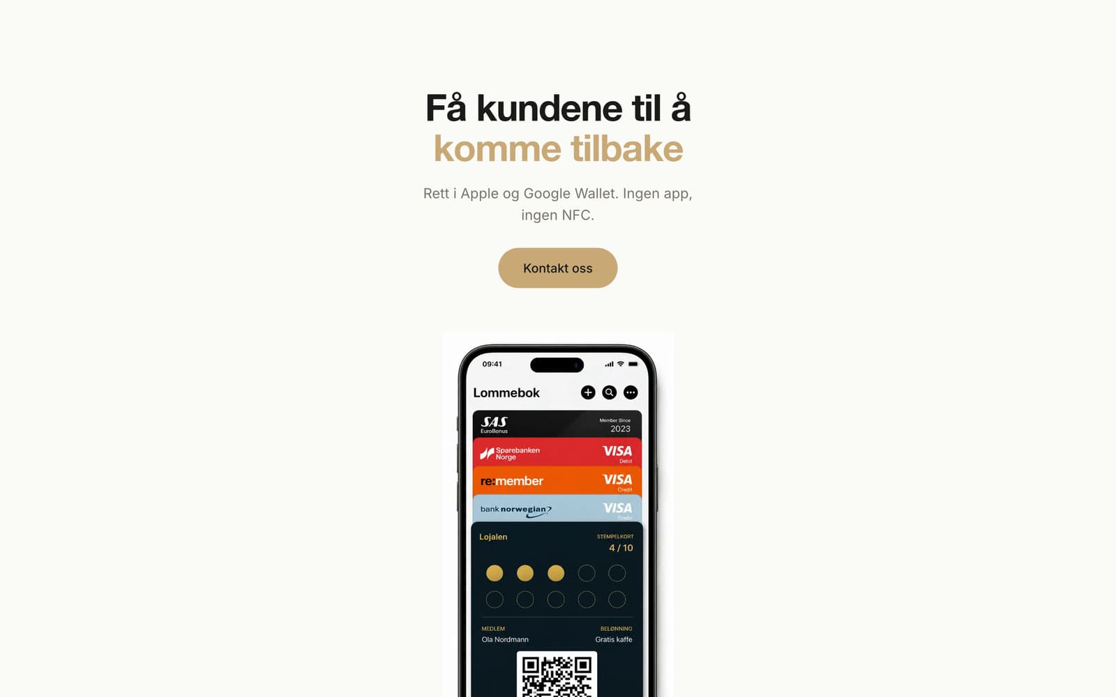 Forsiden til Lojalen, med et digitalt stempelkort på en mobil