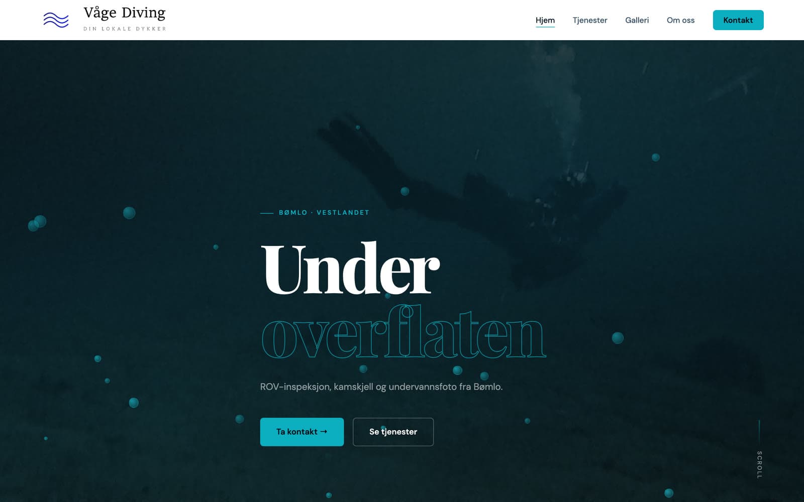 Forsiden til Våge Diving, med en dykker under vann